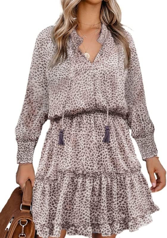 Saonta  Womens Summer Dresses 2024 Boho Floral Drawstring V Neck Smocked Long Sleeve Ruffle Tiered Chiffon Mini Short Dress