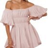 Saonta  Womens Off The Shoulder Summer Dresses 2024 Short Lantern Sleeve Ruffle Elastic Waist A-Line Casual Mini Dress