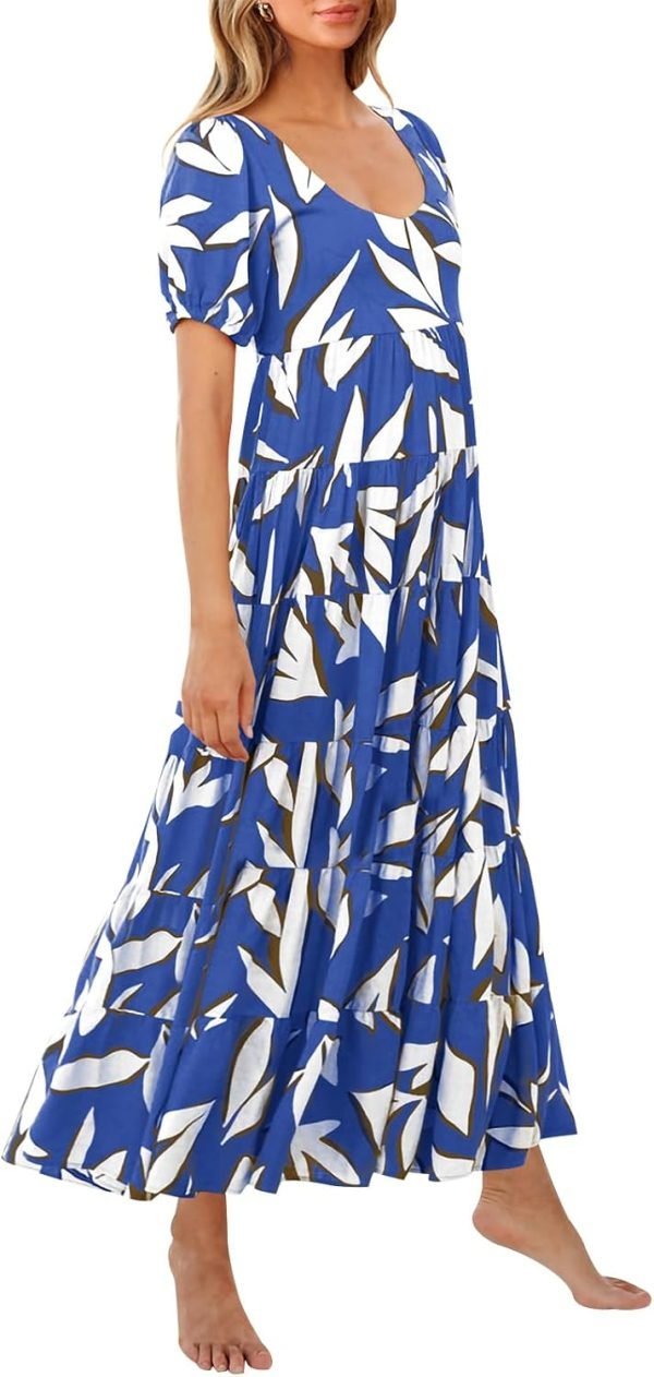 Saonta  Womens Dresses 2024 Puff Sleeve Floral Casual Summer Dresses Smocked Backless Beach Flowy Tiered Maxi Dress