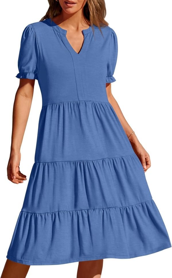Saonta  Women's 2024 Summer Short Puff Sleeve Midi Dress Casual V Neck High Waist Tiered Swing A Line Dresses