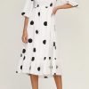 Saonta  Women's Summer Cotton Puff Sleeves Casual Vintage Polka Dots Print Off Shoulder Midi Dress