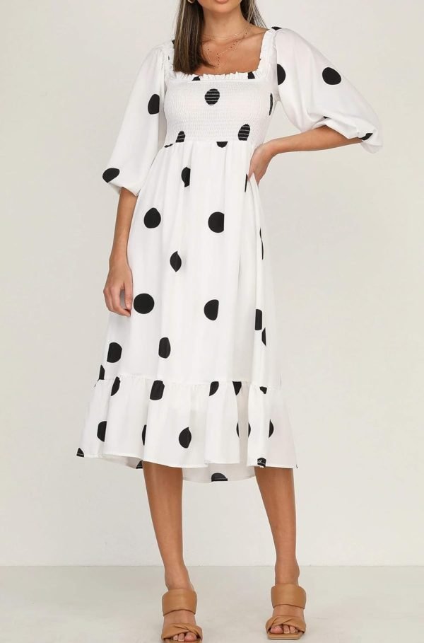 Saonta  Women's Summer Cotton Puff Sleeves Casual Vintage Polka Dots Print Off Shoulder Midi Dress