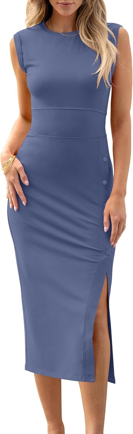 Saonta  Womens Summer Sleeveless Bodycon Midi Dress Button Slit 2024 Fashion Casual Sundress Cocktail Party Dresses