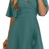 Saonta  Women's Wrap V Neck Short Flared Sleeve Wedding Guest Dress Smocked Elastic Waist Tiered Belted Ruffle Hem Mini Dress