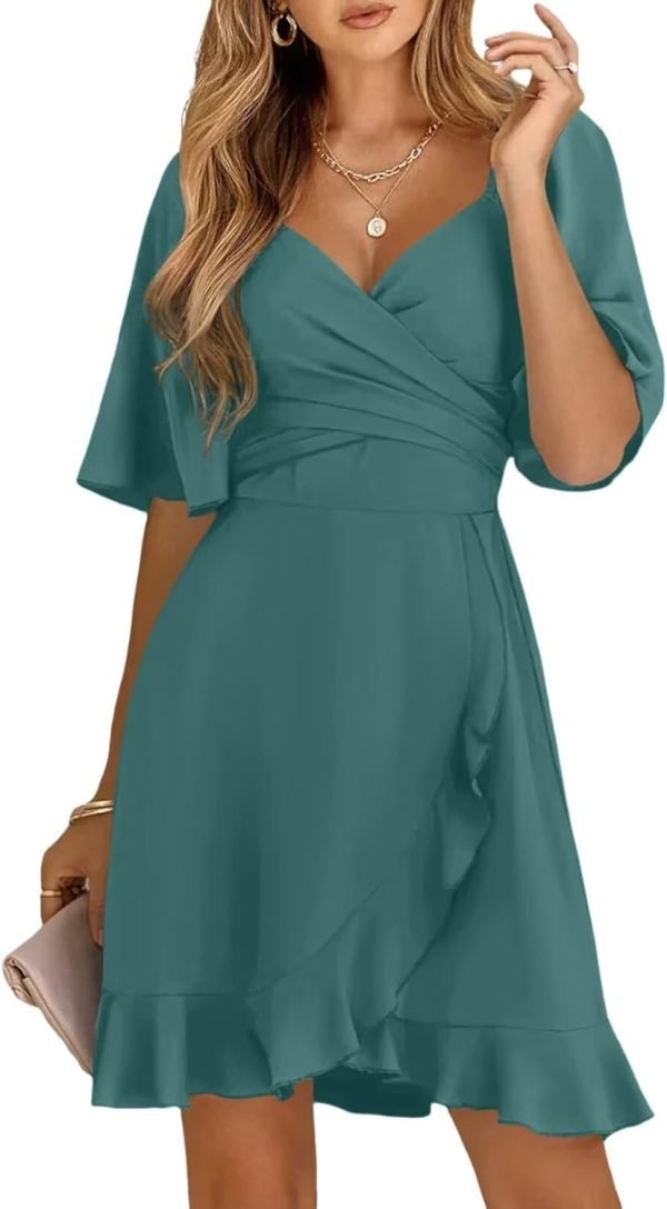 Saonta  Women's Wrap V Neck Short Flared Sleeve Wedding Guest Dress Smocked Elastic Waist Tiered Belted Ruffle Hem Mini Dress