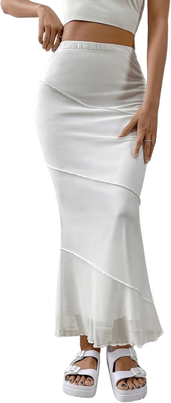 Saonta  Women's Lettuce Trim High Waist Mesh Fishtail Bodycon Long Skirt