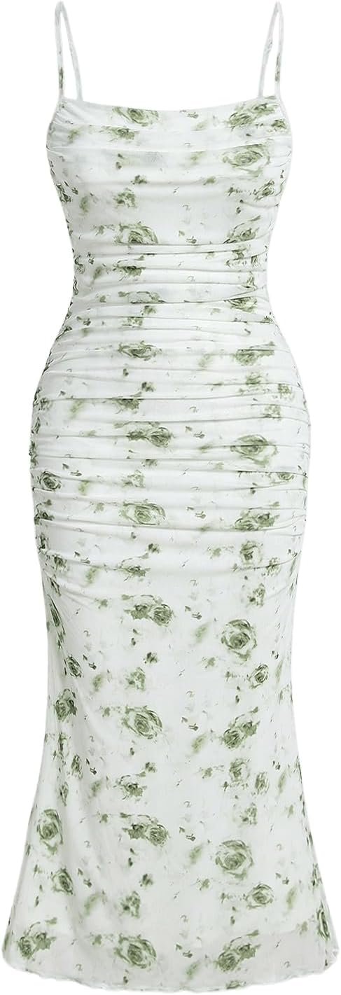 Saonta  Women's Floral Ruched Bodycon Midi Dress Mesh Sleeveless Fishtail Cami Dresses