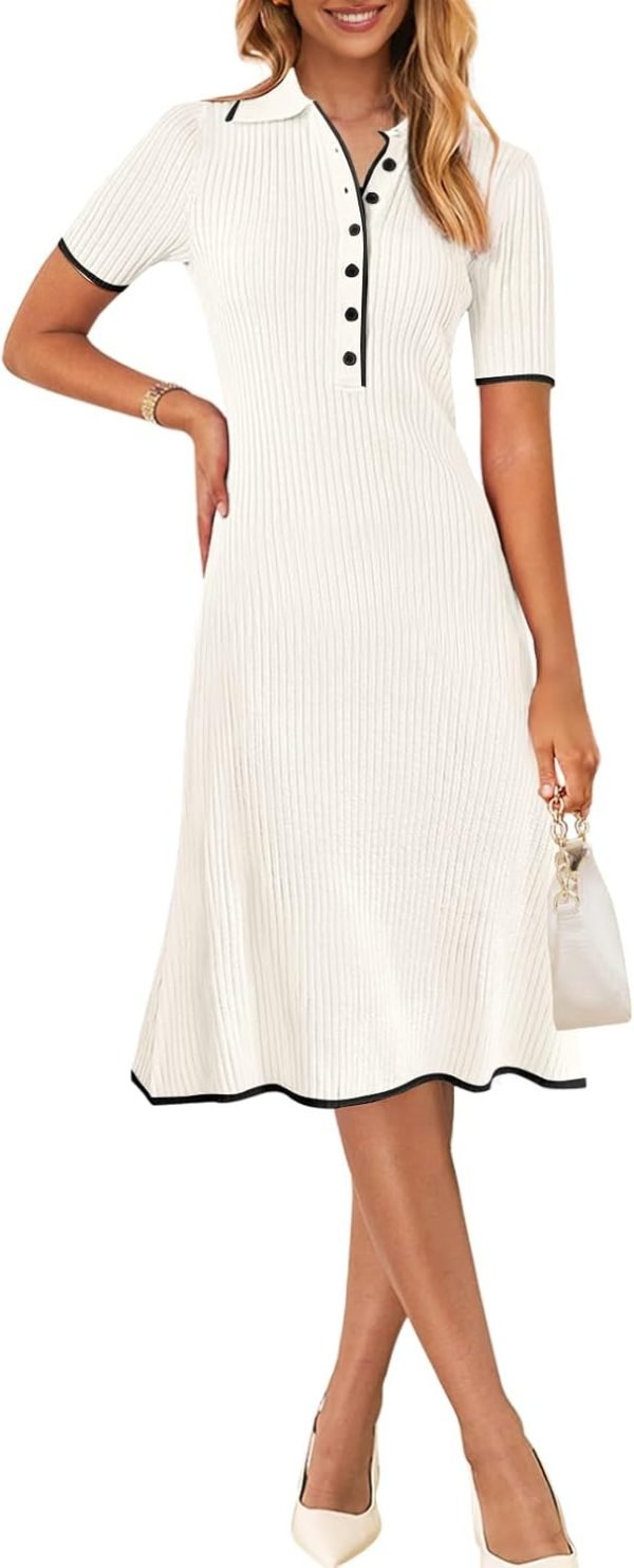 Saonta  Women's V Neck Ribbed Knit Midi Dress Short Sleeve Button Elegant Bodycon Sweater Dresses