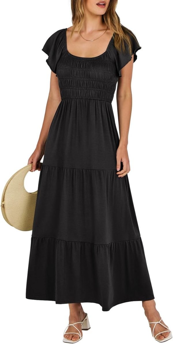 Saonta  Women's 2024 Summer Casual Maxi Dress Flutter Sleeve Scoop Neck Smocked Tiered A Line Flowy Beach Long Sun Dresses