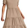 Saonta  Women's 2024 Summer Short Puff Sleeve Midi Dress Casual V Neck High Waist Tiered Swing A Line Dresses