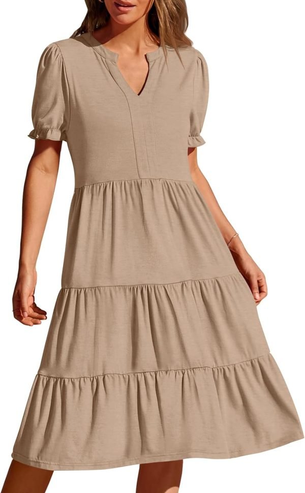 Saonta  Women's 2024 Summer Short Puff Sleeve Midi Dress Casual V Neck High Waist Tiered Swing A Line Dresses