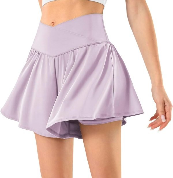 Womens Tennis Skirt with Pockets Crossover High Waisted Athletic Shorts Golf Skorts Flowy Running Workout Shorts