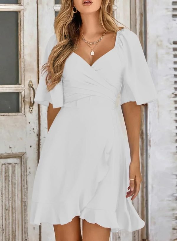 Saonta  Women's Wrap V Neck Short Flared Sleeve Wedding Guest Dress Smocked Elastic Waist Tiered Belted Ruffle Hem Mini Dress