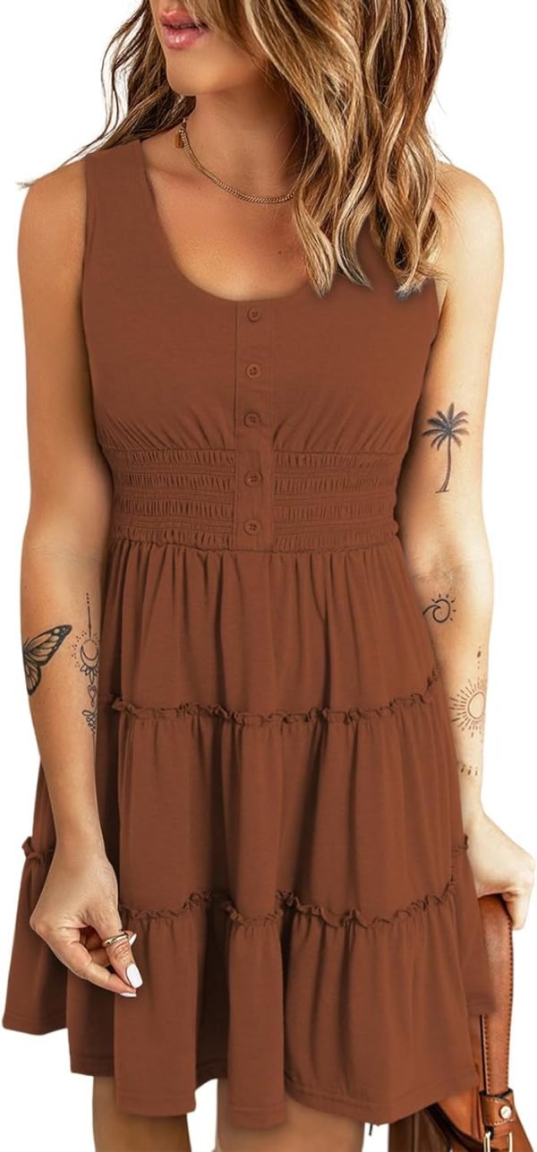 Saonta  Womens Summer Dresses 2024 Sleeveless Button Down Smocked Elastic Waist Ruffle Tiered Casual Swing Mini Dress
