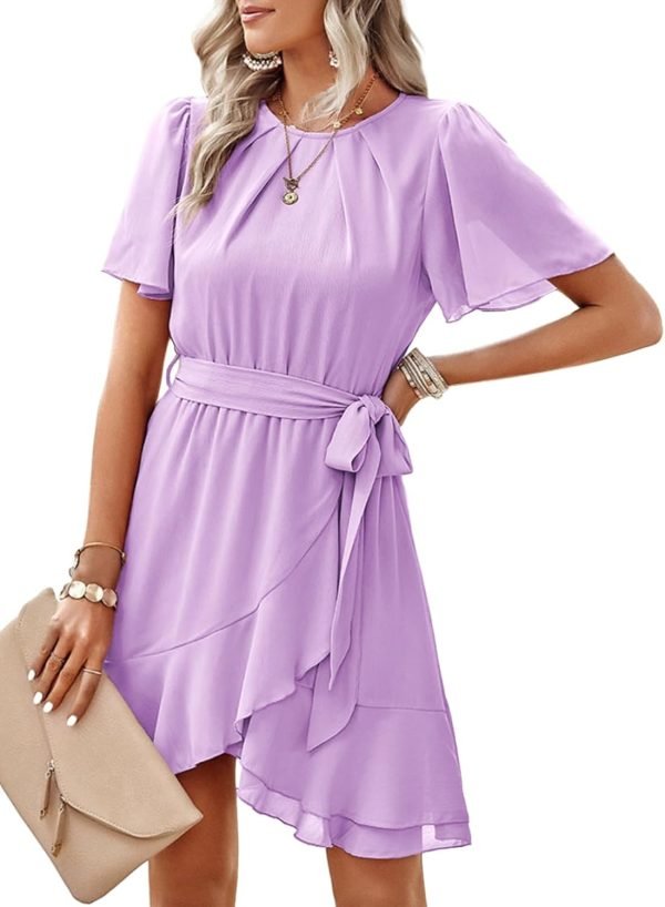 Saonta  Womens Summer Dresses 2024 Crewneck Short Sleeve Waist Tie Ruffle Casual Chiffon A-Line Swing Mini Dress