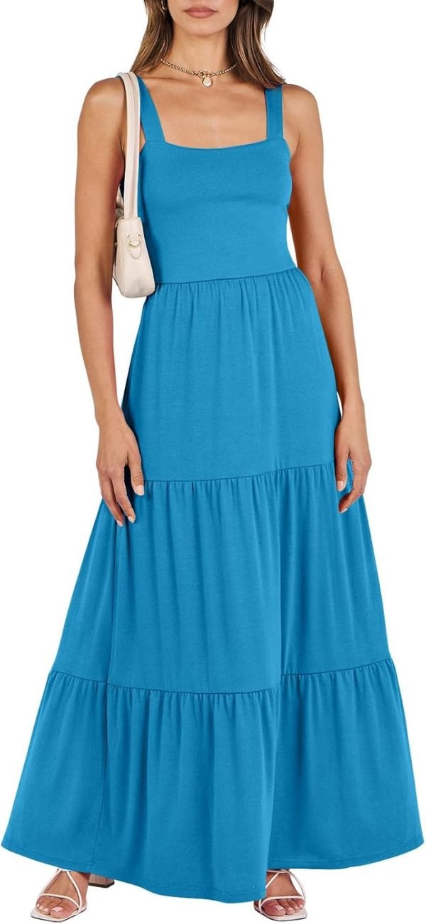 Saonta  Women's Summer Casual Long Maxi Beach Vacation Dresses Sleeveless Square Neck Flowy Tiered Sun Dress with Pockets