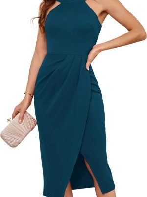 61RLIu7s-RL._AC_SL1500 Saonta KARIN Women's Halterneck Sleeveless Ruched Bodycon Slit Wrap Party Cocktail Midi Dress