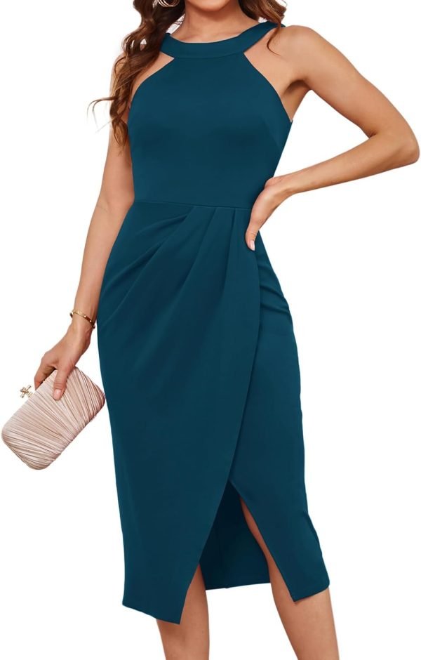 Saonta  KARIN Women's Halterneck Sleeveless Ruched Bodycon Slit Wrap Party Cocktail Midi Dress
