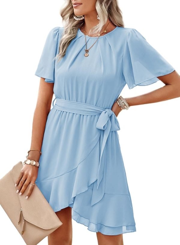 Saonta  Womens Summer Dresses 2024 Crewneck Short Sleeve Waist Tie Ruffle Casual Chiffon A-Line Swing Mini Dress