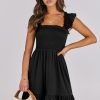 Saonta  Womens Summer Casual Sleeveless Square Neck Smocked Ruffle Backless Boho Mini Dress 2024 Trendy Short Sundress