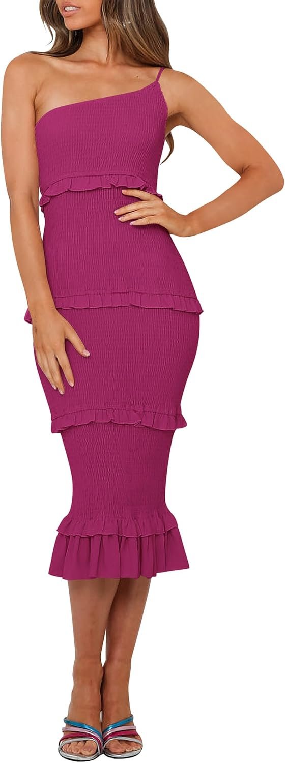 Saonta  Womens Floral Summer One Shoulder Strappy Tiered Ruffle Midi Bodycon Dresses