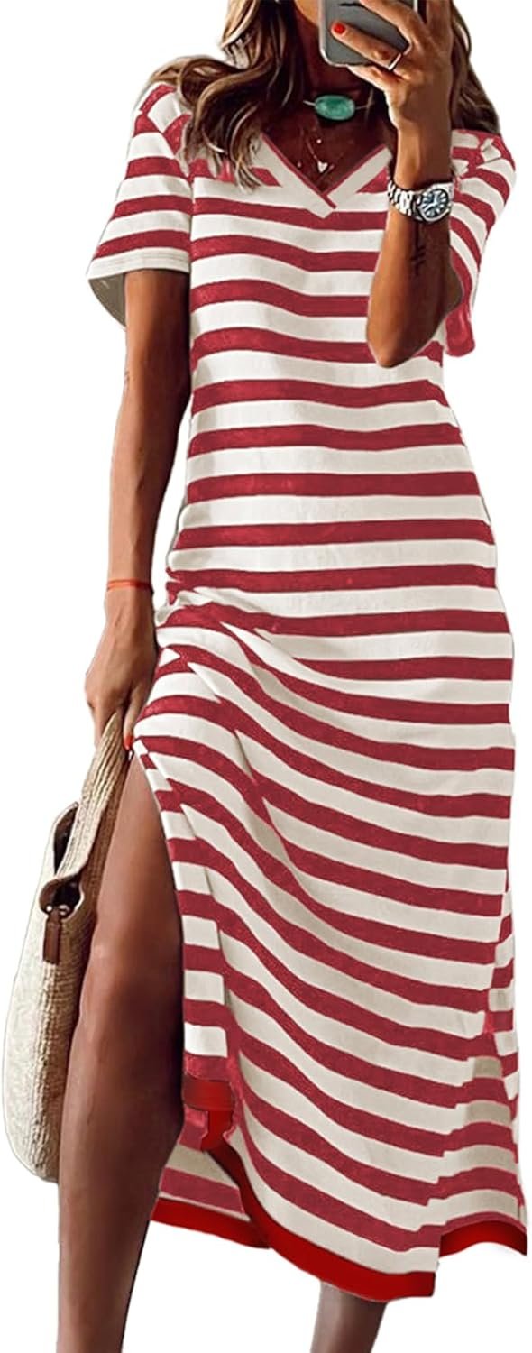 Saonta  Summer Dress Casual Womens Fashion Short Sleeve Maxi Dress T Shirt Dress Striped Long Color Block Maxi Dress
