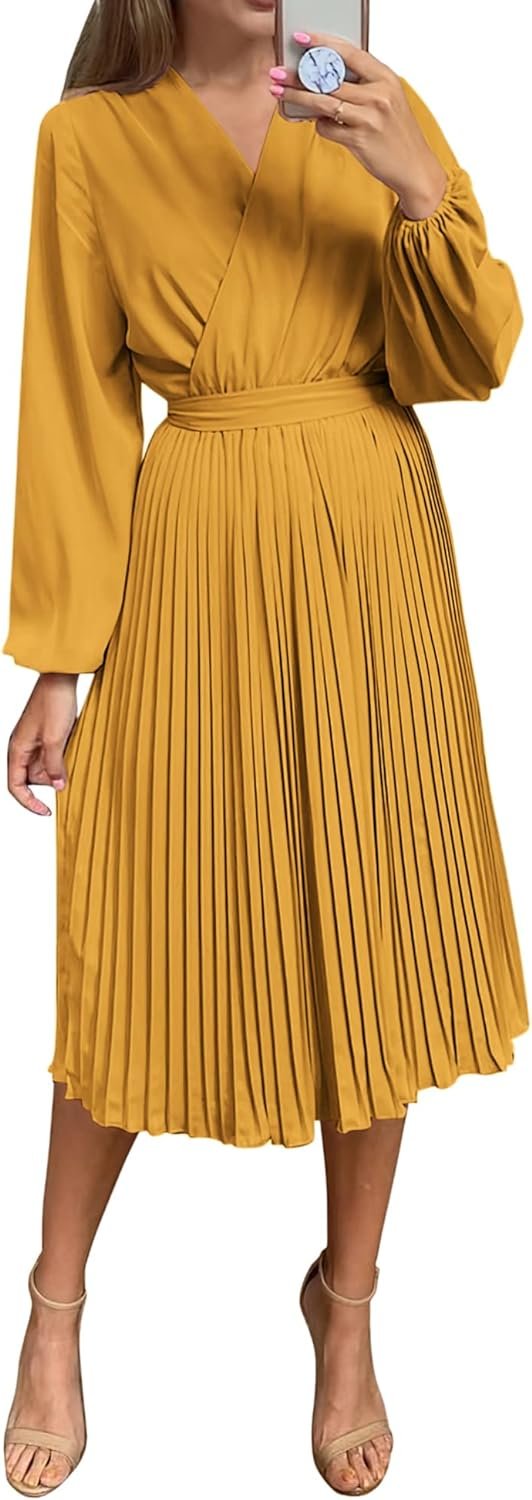 Saonta  Womens V Neck Flowy Ruffle Pleated Casual Fall Dress