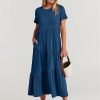 Saonta  Women Summer Maxi Dress Short Sleeve Swing Casual Asymmetric Tiered Vacation Long Beach Sundress Outfits