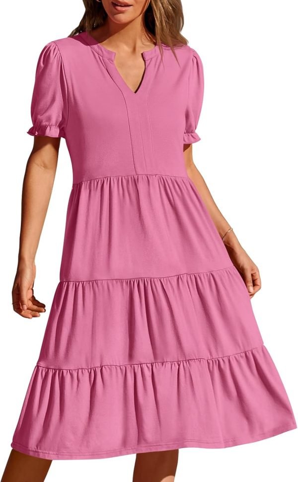 Saonta  Women's 2024 Summer Short Puff Sleeve Midi Dress Casual V Neck High Waist Tiered Swing A Line Dresses