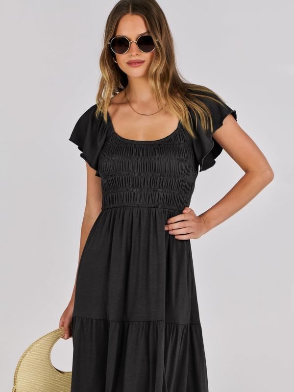 Saonta  Women's 2024 Summer Casual Maxi Dress Flutter Sleeve Scoop Neck Smocked Tiered A Line Flowy Beach Long Sun Dresses