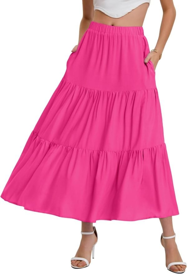 Saonta  Women??s Summer Boho Elastic Waist A-Line Beach Flowy Swing Ruffle Hem Tiered Maxi Skirt with Pockets