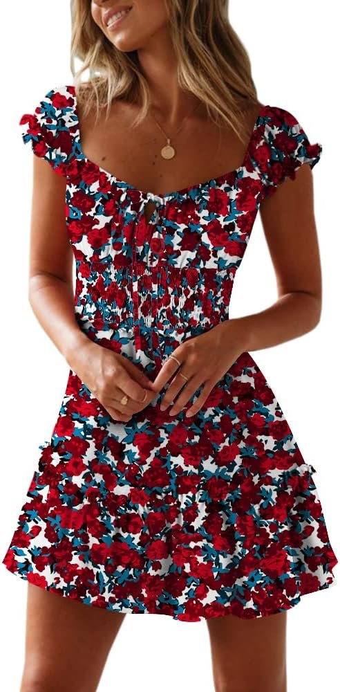Saonta  Women's Summer Ruffle Sleeve Sweetheart Neckline Printing Dress Mini Dress