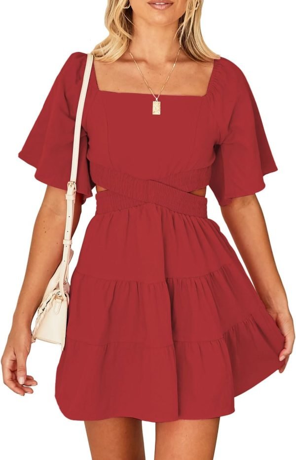 Shy Velvet Women's Summer Dress Square Neck Short Sleeves Crossover Waist Casual Party Mini Dress