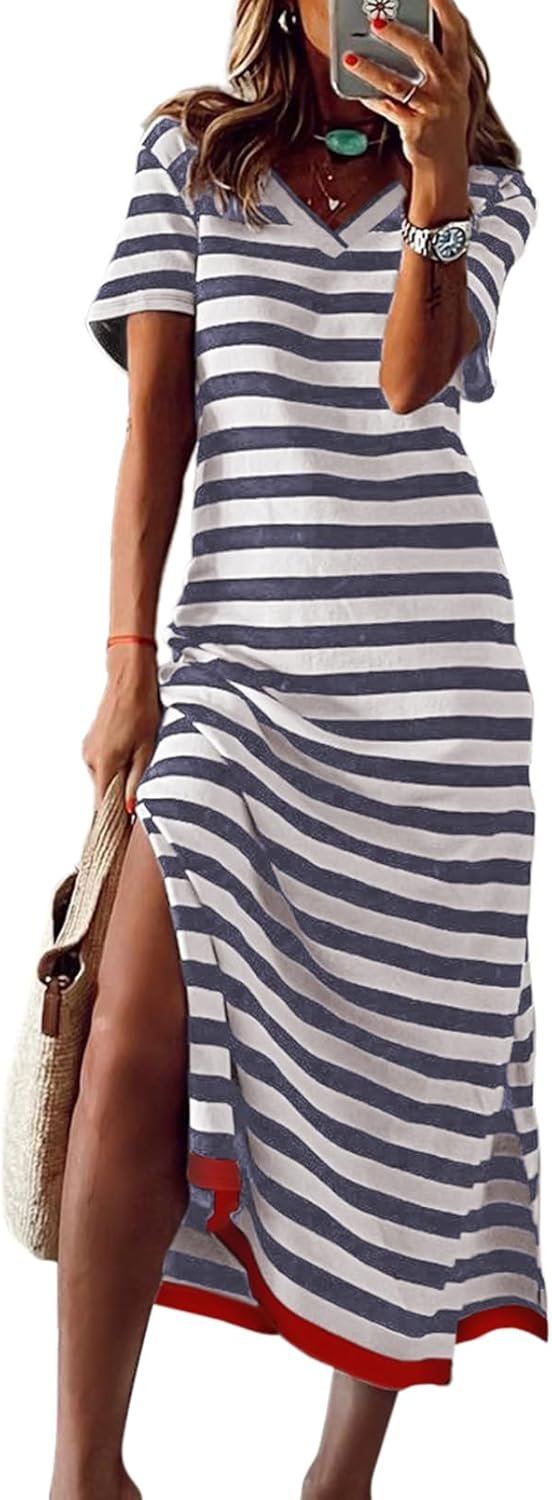 Saonta  Summer Dress Casual Womens Fashion Short Sleeve Maxi Dress T Shirt Dress Striped Long Color Block Maxi Dress