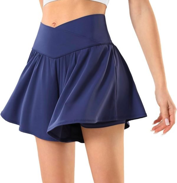 Womens Tennis Skirt with Pockets Crossover High Waisted Athletic Shorts Golf Skorts Flowy Running Workout Shorts