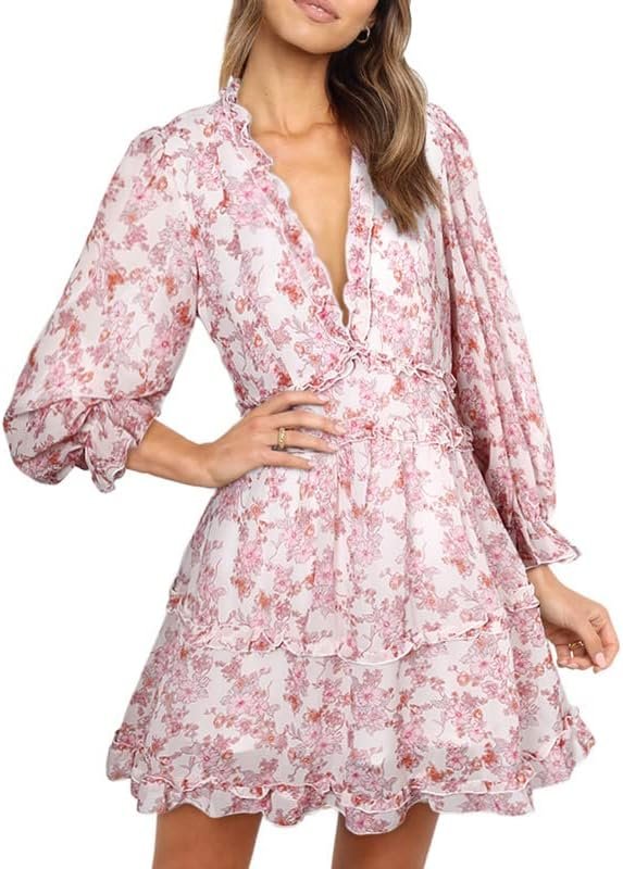 Saonta  Womens 2024 Spring Summer Deep V Neck Ruffle Floral Flowy Mini Dress