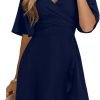 Saonta  Women's Wrap V Neck Short Flared Sleeve Wedding Guest Dress Smocked Elastic Waist Tiered Belted Ruffle Hem Mini Dress