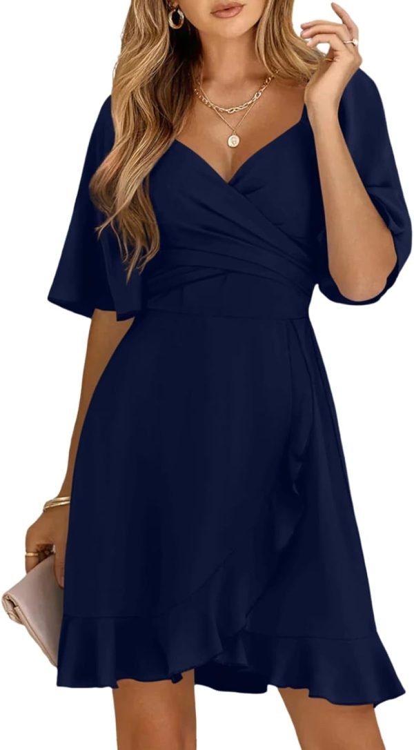 Saonta  Women's Wrap V Neck Short Flared Sleeve Wedding Guest Dress Smocked Elastic Waist Tiered Belted Ruffle Hem Mini Dress
