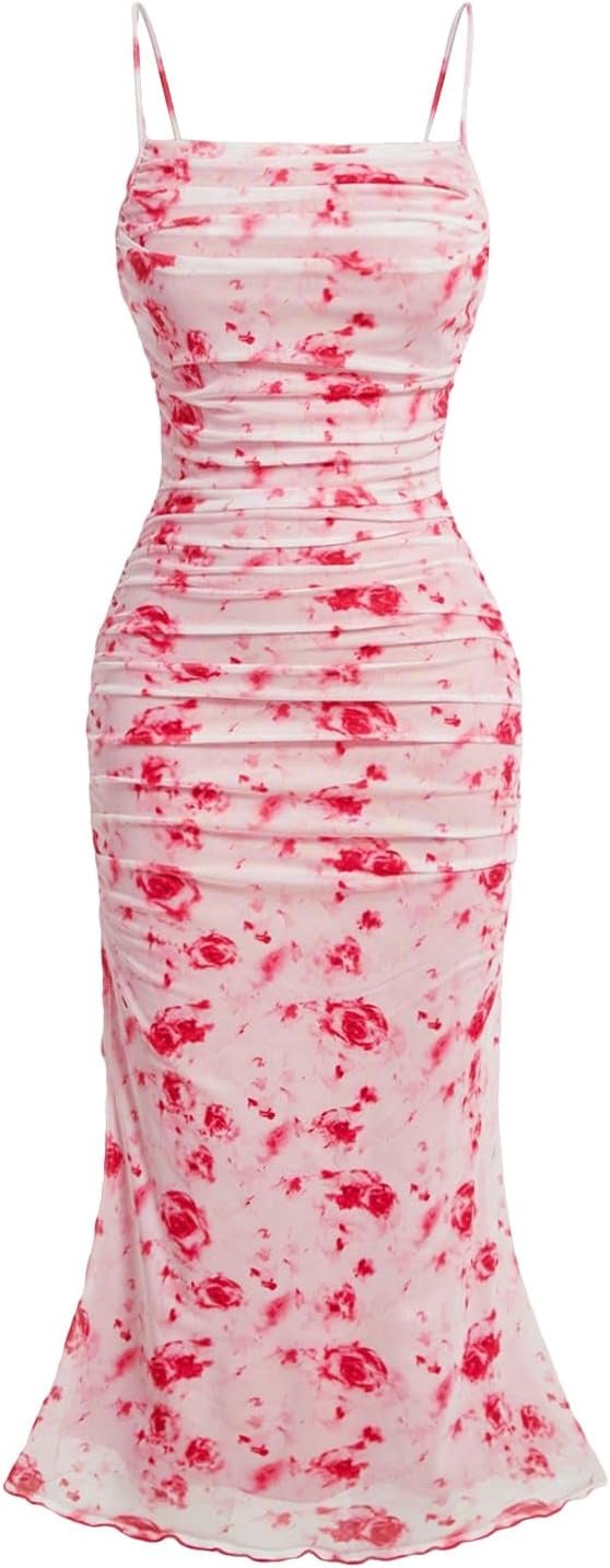 Saonta  Women's Floral Ruched Bodycon Midi Dress Mesh Sleeveless Fishtail Cami Dresses