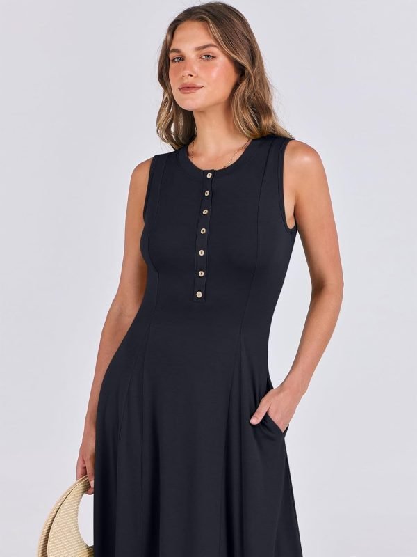 Saonta  Women Summer Casual Sleeveless Maxi Sundress Button Fit & Flare A-Line Flowy Long Dresses 2024 Beach Outfits