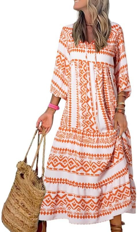 Saonta  Women Boho Maxi Dresses 2024 V Neck Long Puff Sleeve Smocked Ruffle Flowy Casual Dress