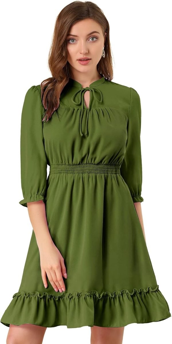 Saonta  K Women's Autumn Wedding Guest Dresses Ruffle Hem 3/4 Sleeve A-Line Smocked Short Chiffon Dress