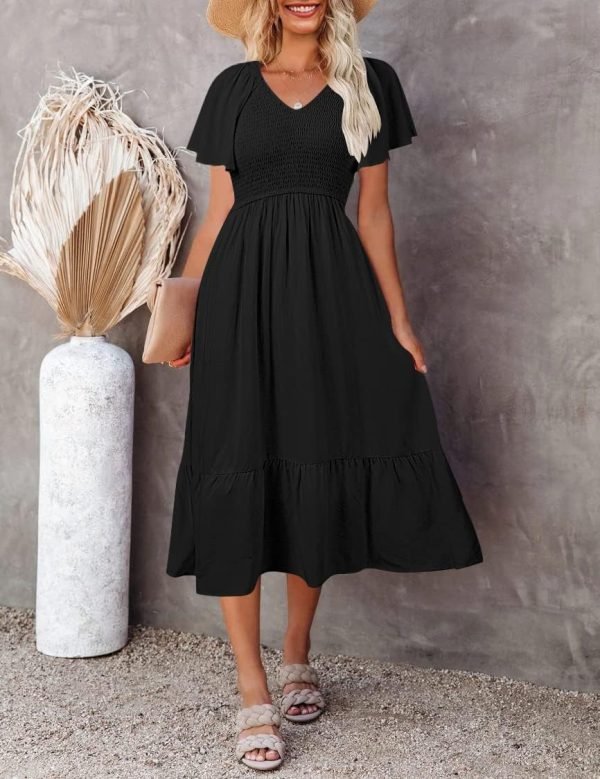 Saonta  Women's Summer Casual V Neck Ruffle Sleeve Smocked High Waist Midi Dress with Pockets