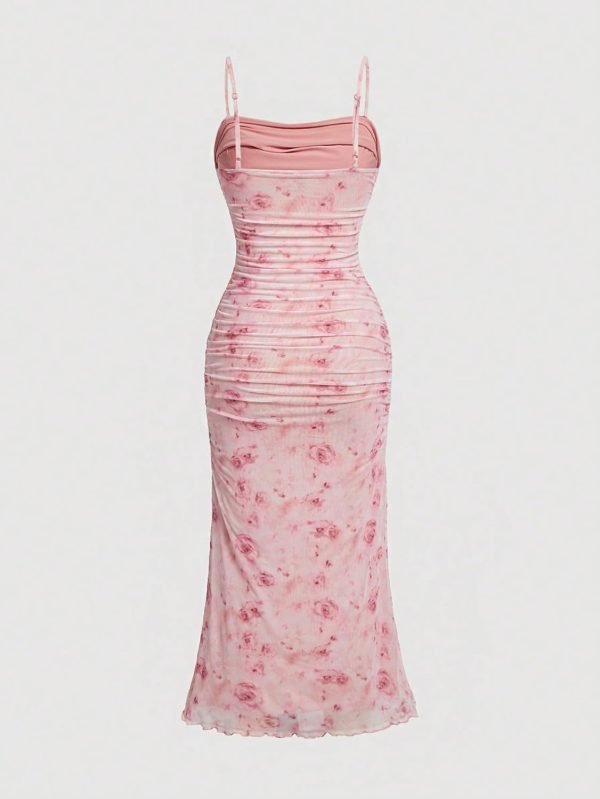 Saonta  Women's Floral Ruched Bodycon Midi Dress Mesh Sleeveless Fishtail Cami Dresses