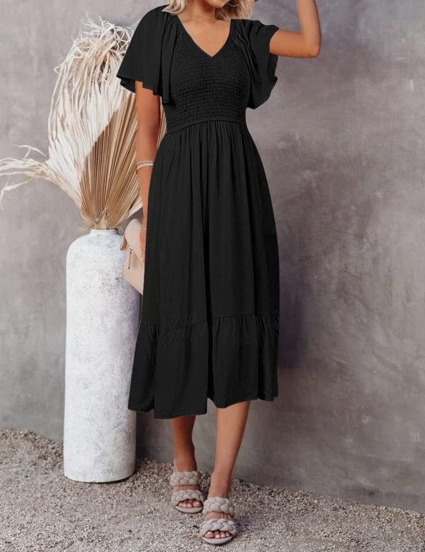 Saonta  Women's Summer Casual V Neck Ruffle Sleeve Smocked High Waist Midi Dress with Pockets