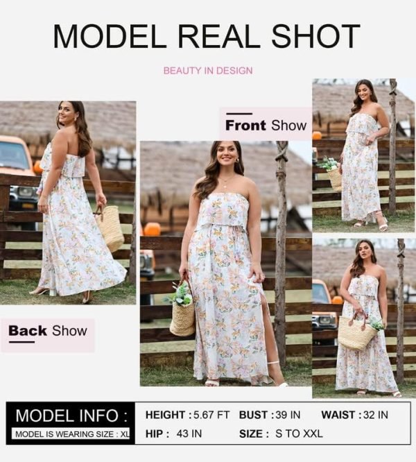 Saonta  Womens Strapless Dresses Casual Summer High Waist Side Split Flowy Boho Maxi Dress