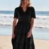 Saonta  Women's 2024 Summer Short Puff Sleeve Midi Dress Casual V Neck High Waist Tiered Swing A Line Dresses