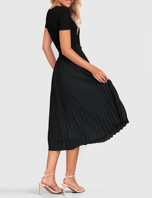 Saonta Womens Summer Short Sleeve Midi Dresses Spring Casual Crew Neck Knit Belted Pleated A Line Flowy Wedding Guest Dress
