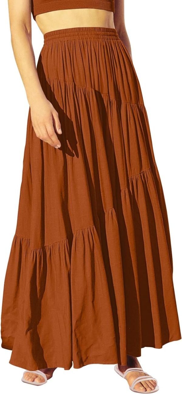 Saonta  Women??s Boho Elastic High Waist Pleated A-Line Flowy Swing Asymmetric Tiered Maxi Long Skirt Dress with Pockets