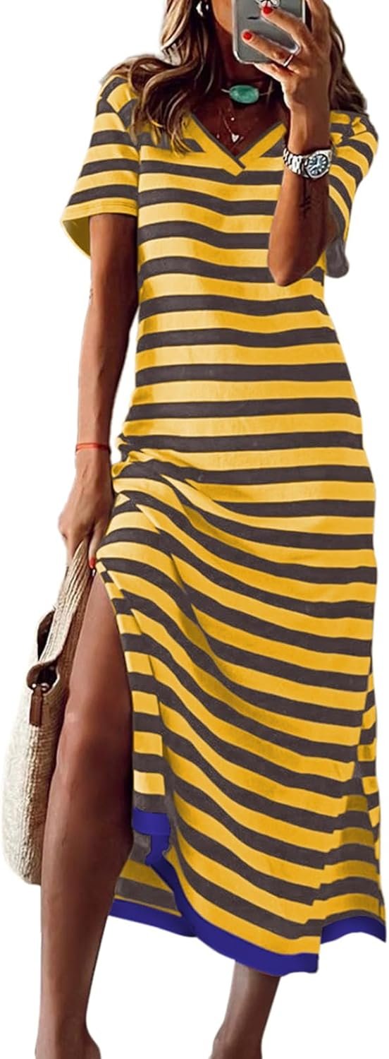 Saonta  Summer Dress Casual Womens Fashion Short Sleeve Maxi Dress T Shirt Dress Striped Long Color Block Maxi Dress
